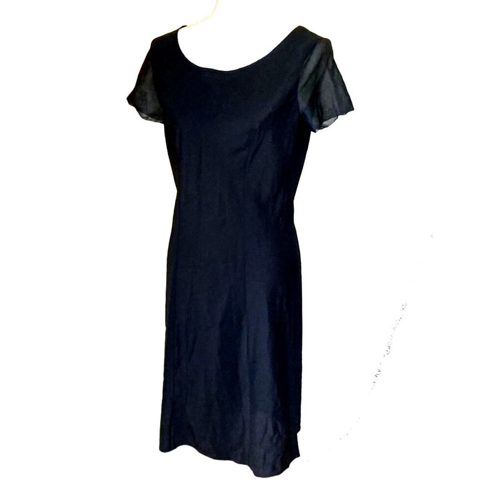 Vintage 60s Slip Dress, Black, Midi, Sheer Cap Sleeve, Size M